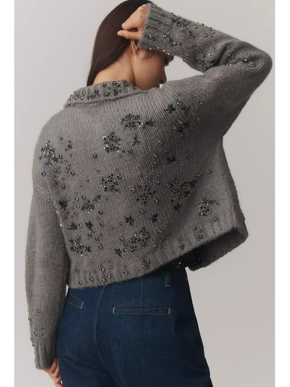 NWT Anthropologie Pilcro Embellished Floral Collared Cardigan Sweater Grey - Picture 2 of 8